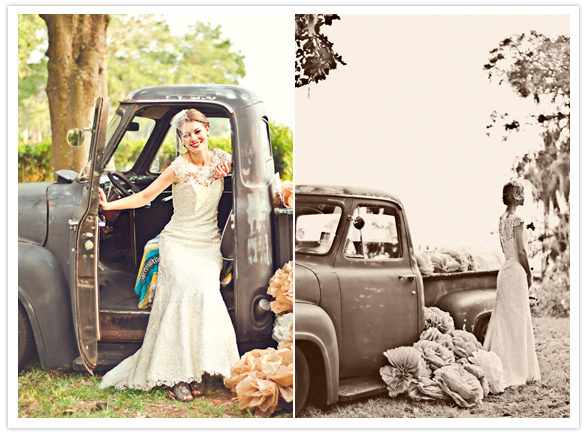 vintage truck and wedding dress