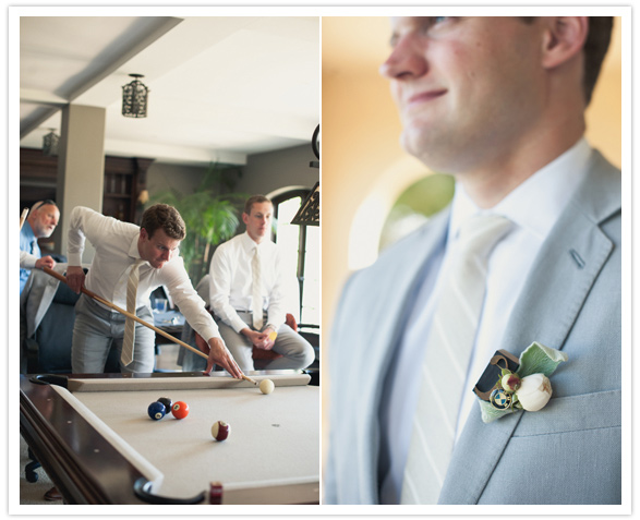 dusty blue groom's suit and white striped tie