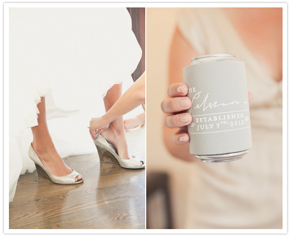 gold shoes and customized beer koozie