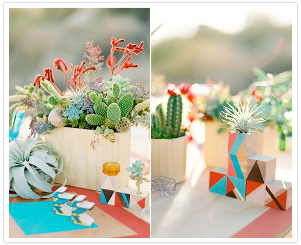 wooden box planters of succulents and cacti centerpieces