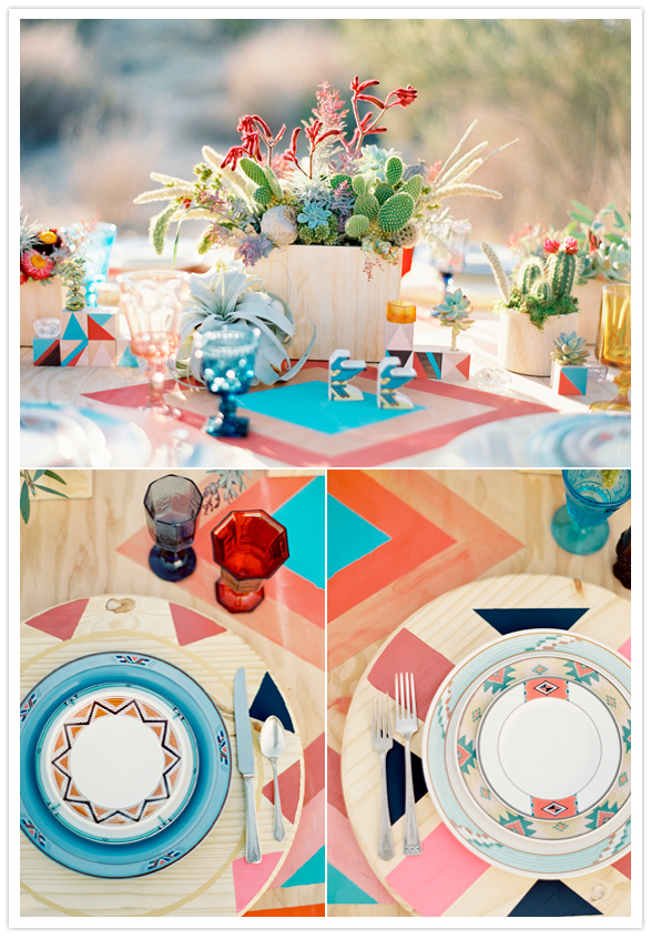 geometric tablescape, wooden succulent planter boxes and decorative dishes