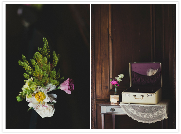 vintage luggage and wild flower vase