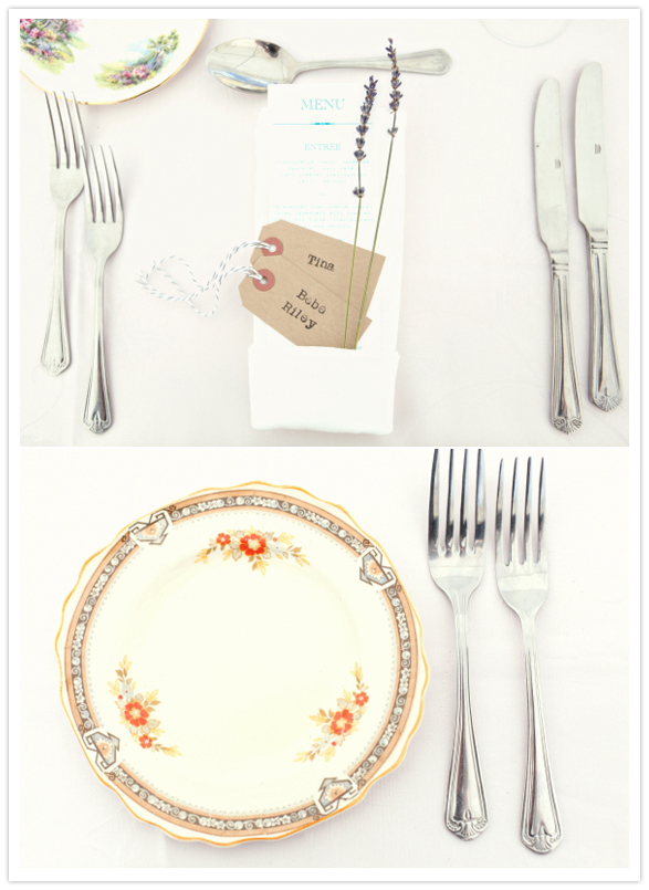 floral dinnerware and tag place cards