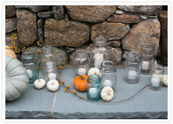 mason jar candles and mini pumpkins
