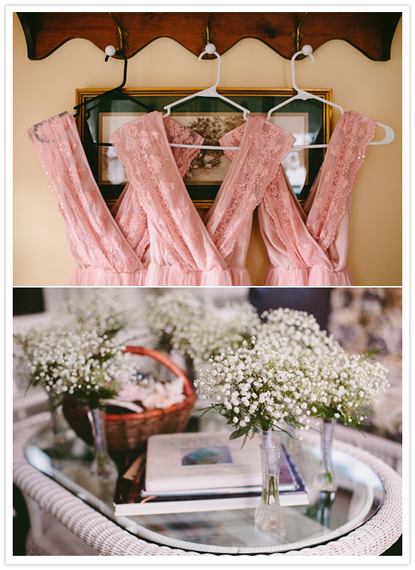 pink lace bridesmaid dresses and baby's breath bouquets
