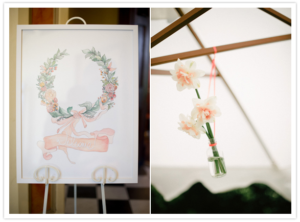 illustrated welcome sign and hanging vases