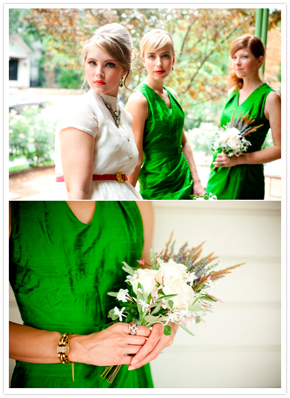 green bridesmaid dresses and white wild flower bouquets