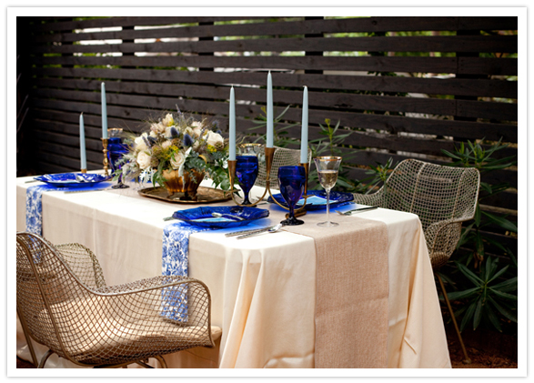 peach and blue tablescape
