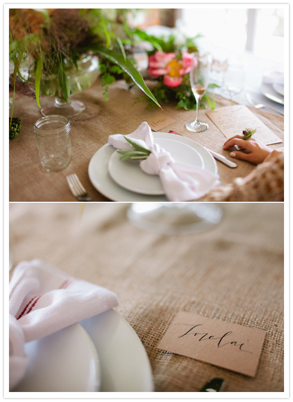 burlap table cloth and white napkins