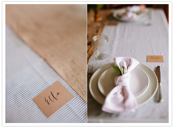 burlap table cloth, white napkins and simple place cards