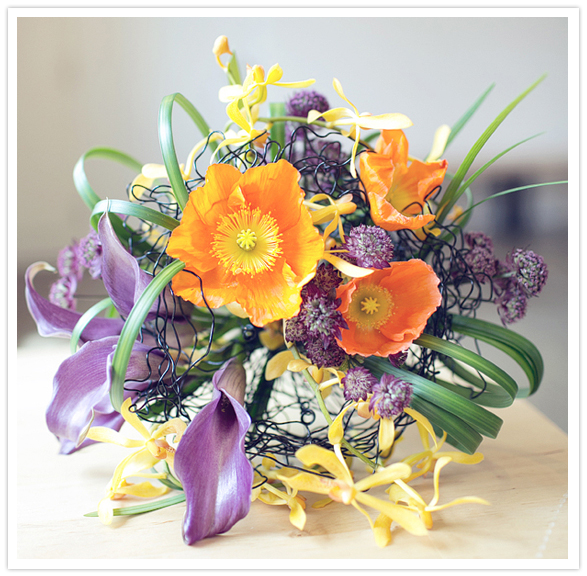 vibrant orange and purple bouquet