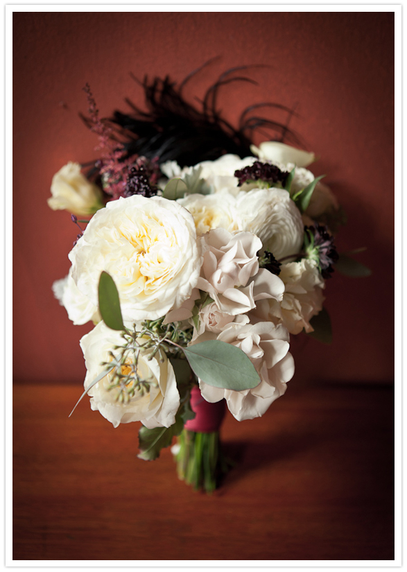 white peony and feather bouquet