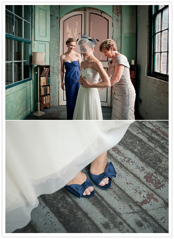 sweet heart wedding dress and blue bow heels