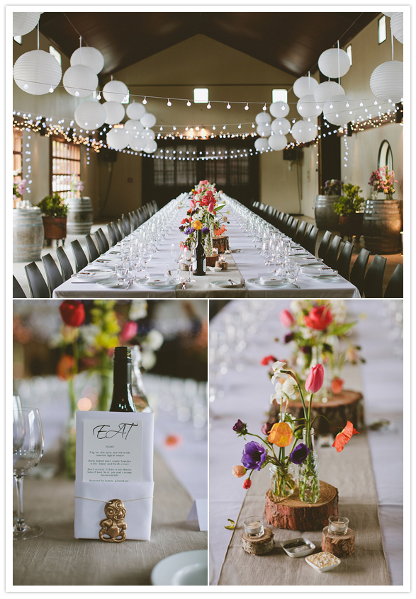 hanging lanterns and twinkle lights and vibrant floral centerpieces