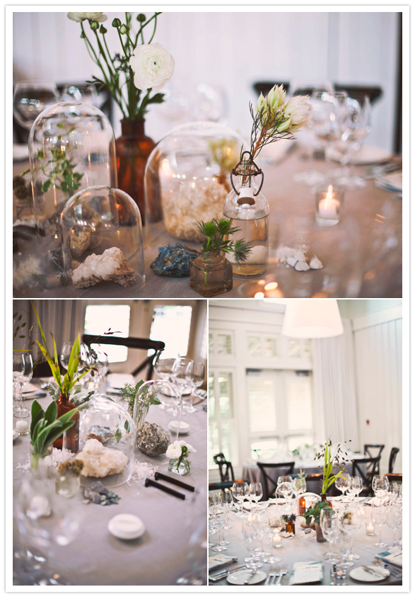 tin potted plants, terrariums and crystal and stone centerpieces