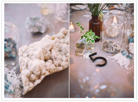 crystal and stone centerpieces and black metal table numbers