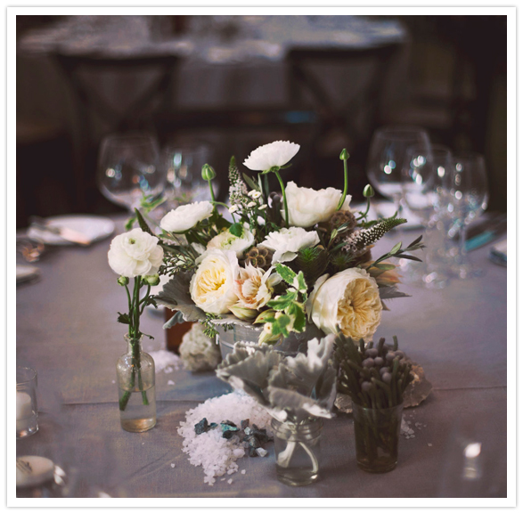 natural floral centerpieces with roses and lambs ear and crystals