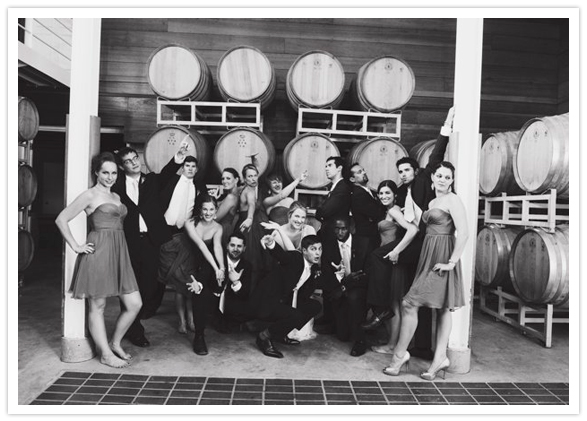 quirky cellar wedding party portrait