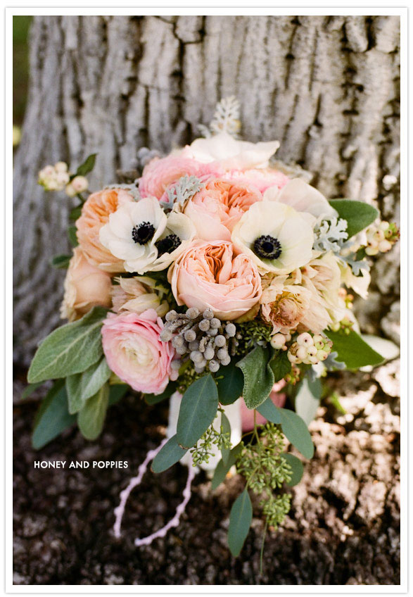 garden roses, anemones, dahlias, dusty miller and berzilia berries bouquet