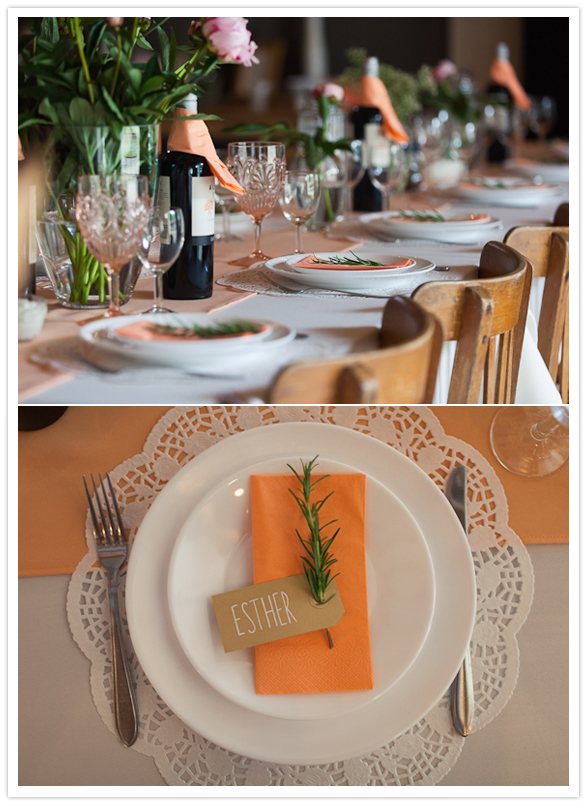 paper doily charge, orange napkins and rosemary plate accents