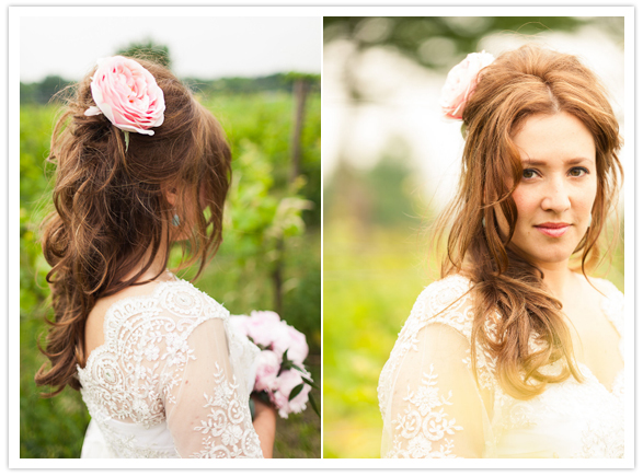 pink peony hair accessory and lace wedding dress