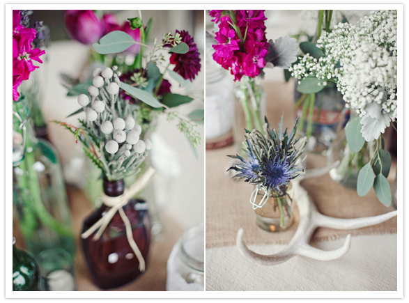 mini bottle bud vases, antlers and vibrant fuchsia florals