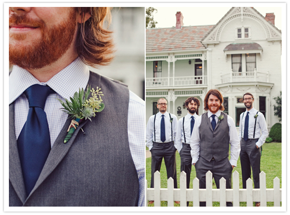 green succulents boutonniere and groomsmen suspenders