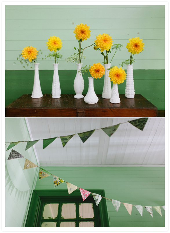 yellow flower, white vases and paper bunting