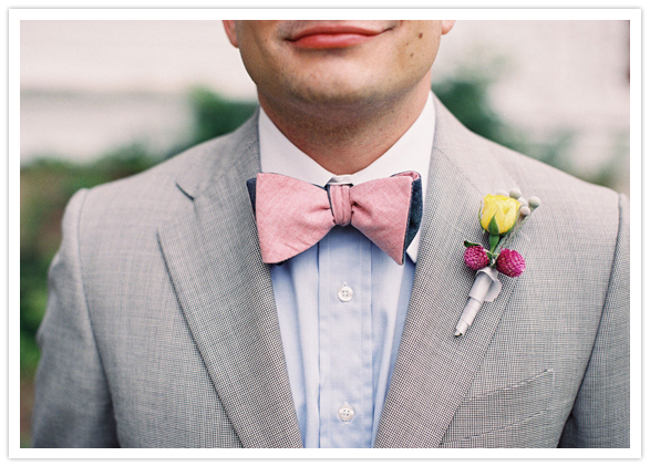 groom's pink bow tie and miniature yellow rose boutonniere 