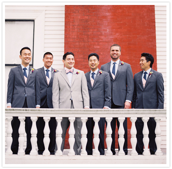 beige groom's suit and blue groomsmen suits