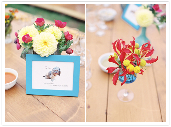 framed dog picture table numbers and colorful florals