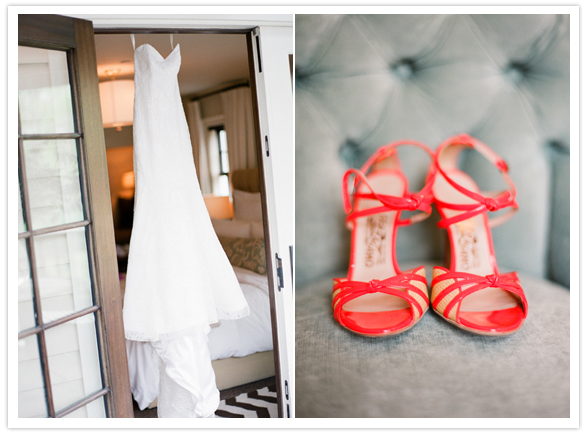 Ulla Maija wedding dress and Ferragamo red strap heels