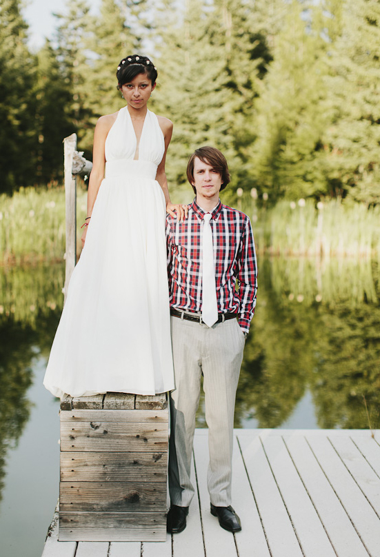 custom designs halter wedding dress and plaid groom's shirt