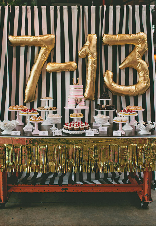 gold number balloons and gold fringe dessert table