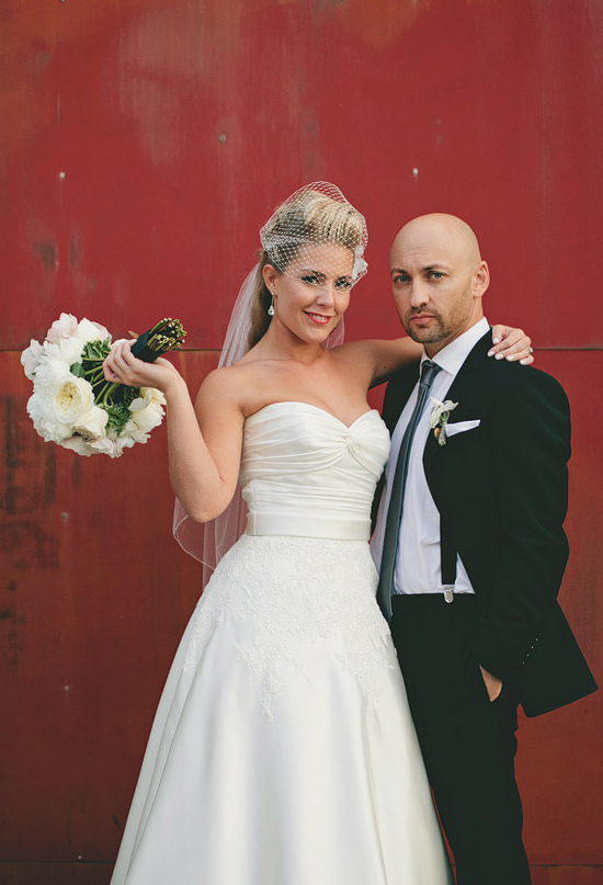 sweetheart cut wedding dress and birdcage veil