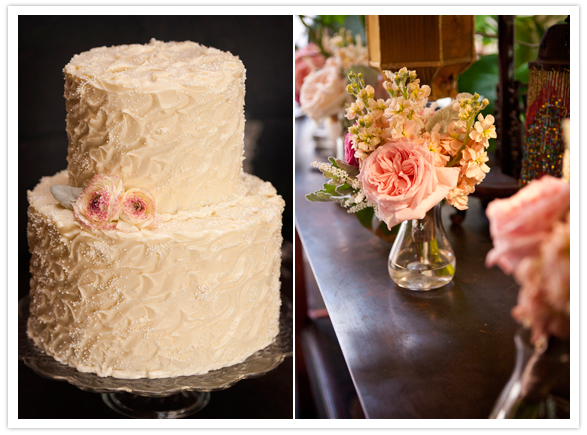 white frosted wedding cake and simple pink flower detail
