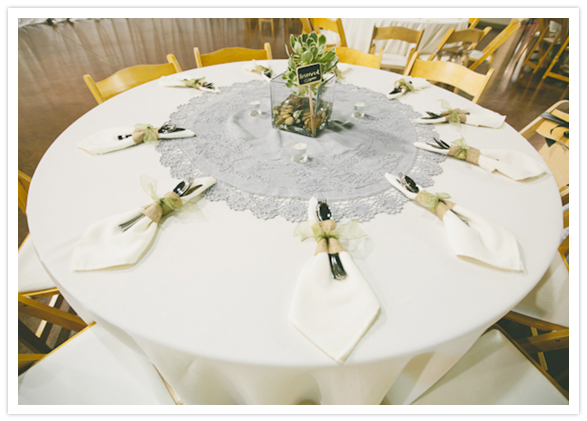 simple ivory linens and crochet doily centerpiece