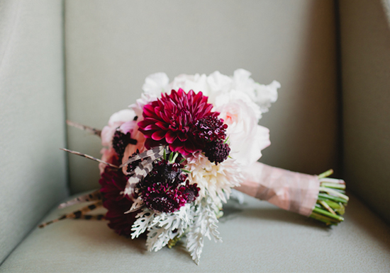 fuchsia, white and dusty miller bouquet