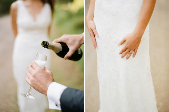 delicate lace wedding dress and champagne toast