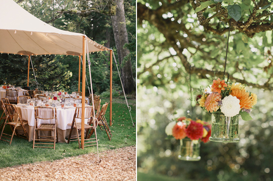 tented reception and hanging bouquets | Photo by Michele M. Waite