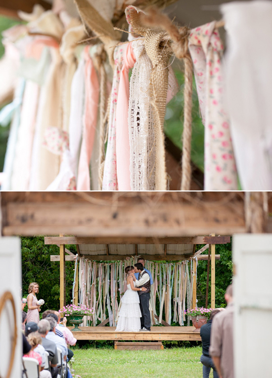 handmade wooden altar and fabric streamer background