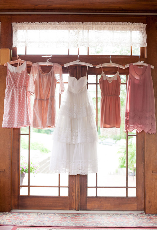 vintage lace wedding dress and blush pink bridesmaid dresses