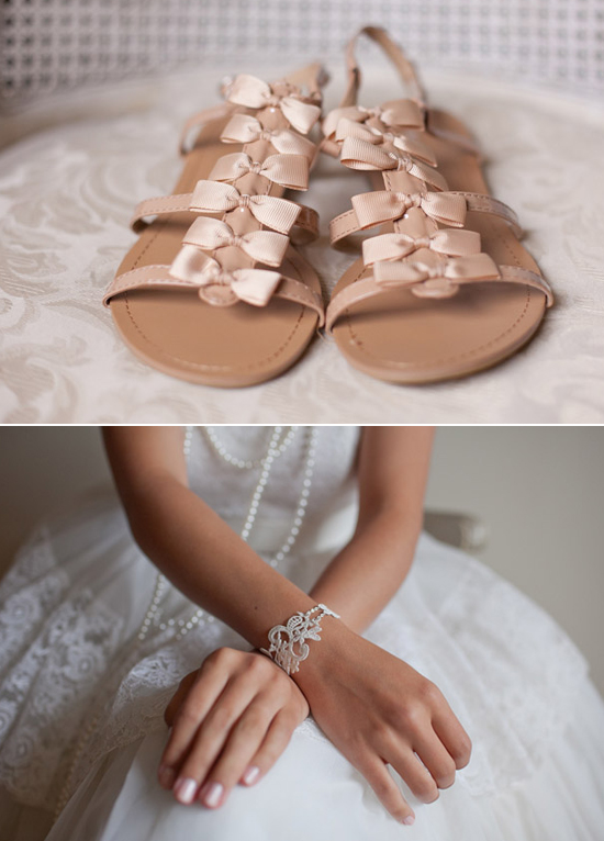 box gladiator wedding sandals and lace bracelet