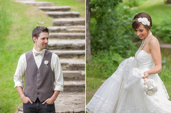 grey groom's vest and vintage white lace wedding dress