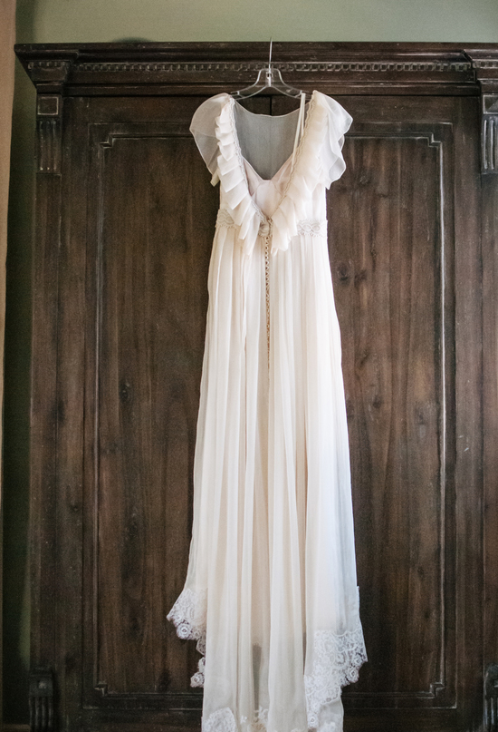 v-back, ruffled, bohemian wedding dress