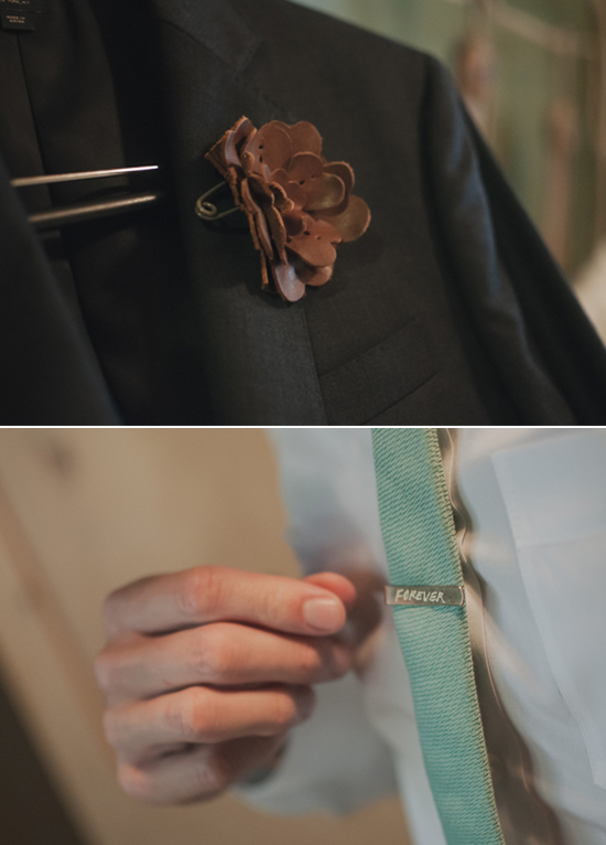 leather flower boutonniere and "forever" engraved tie clip