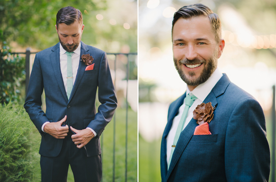 leather flower boutonniere and orange pocket square