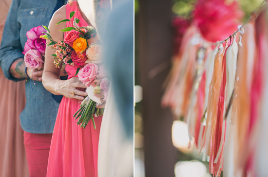 pink and orange decorative streamers and colorful bridesmaid bouquets 