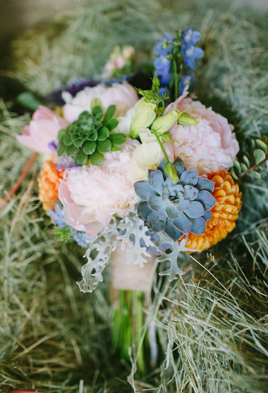 succulents and vibrant wildflowers bouquet