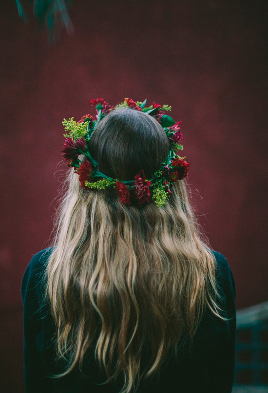 deep red and greenery floral crown | Photo by Paige Lowe